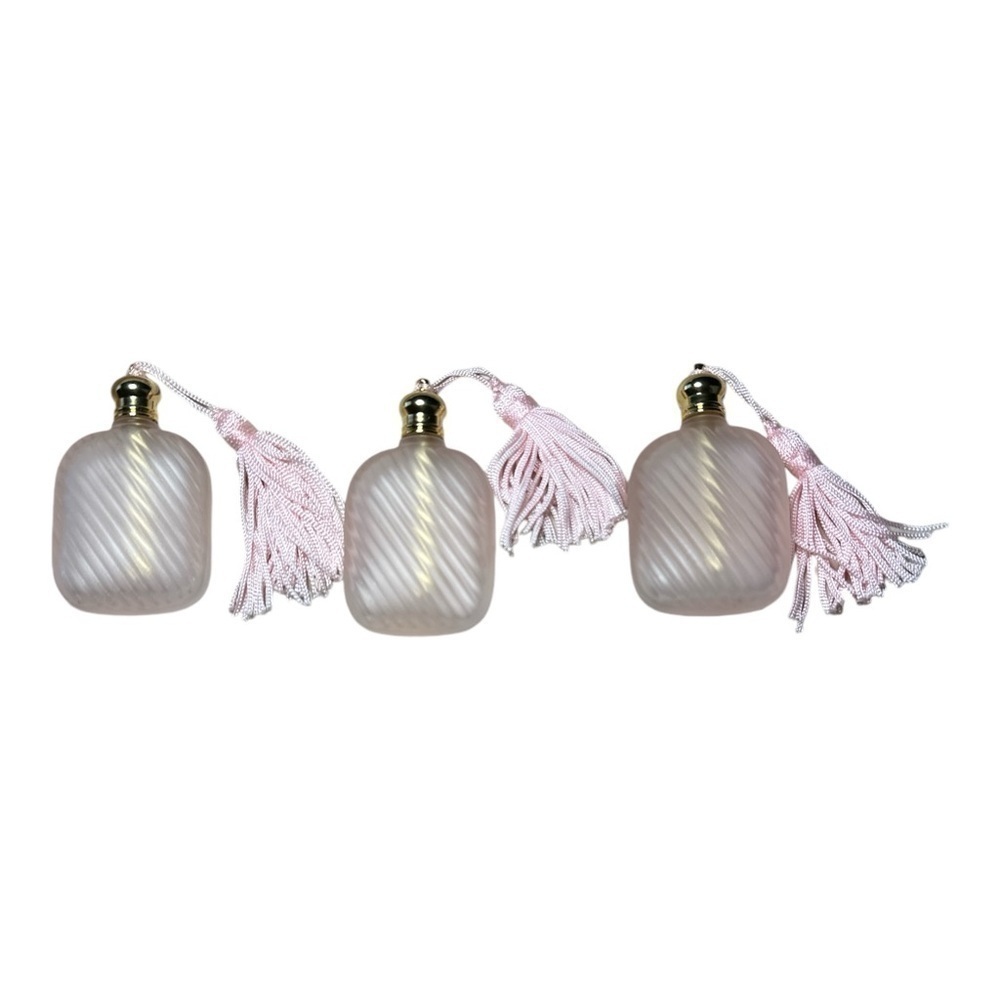 Set Of Three Light Frosted Pink Glass Art Studio Mini Perfume Bottle W/ Tassels - Picture 2 of 7